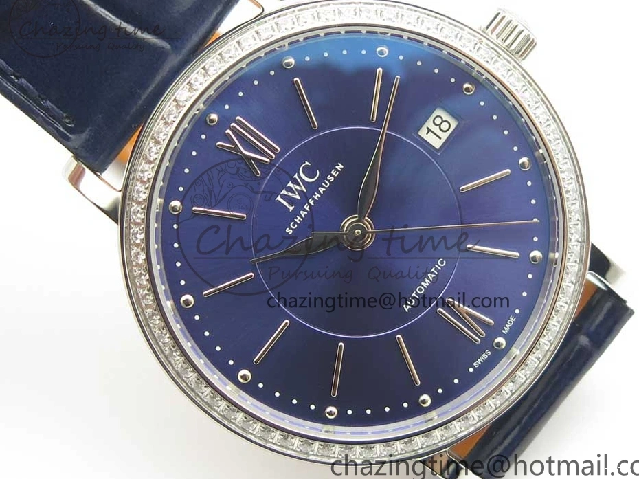 MIROTIME 0210 Fashionable Portofino IW458101 Diamond Bezel SS MK 1:1 Best Edition Blue Dial On Blue Leather Strap MIYOTA 7169